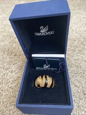 Swarovski Gold Dome Ring with Black Enamel and Pavé Crystals